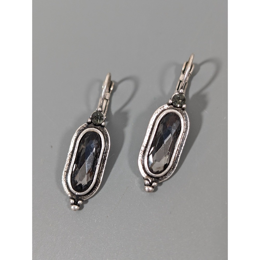 Vintage Style Gray Oval Rhinestone Leverback Drop Earrings Silver Tone